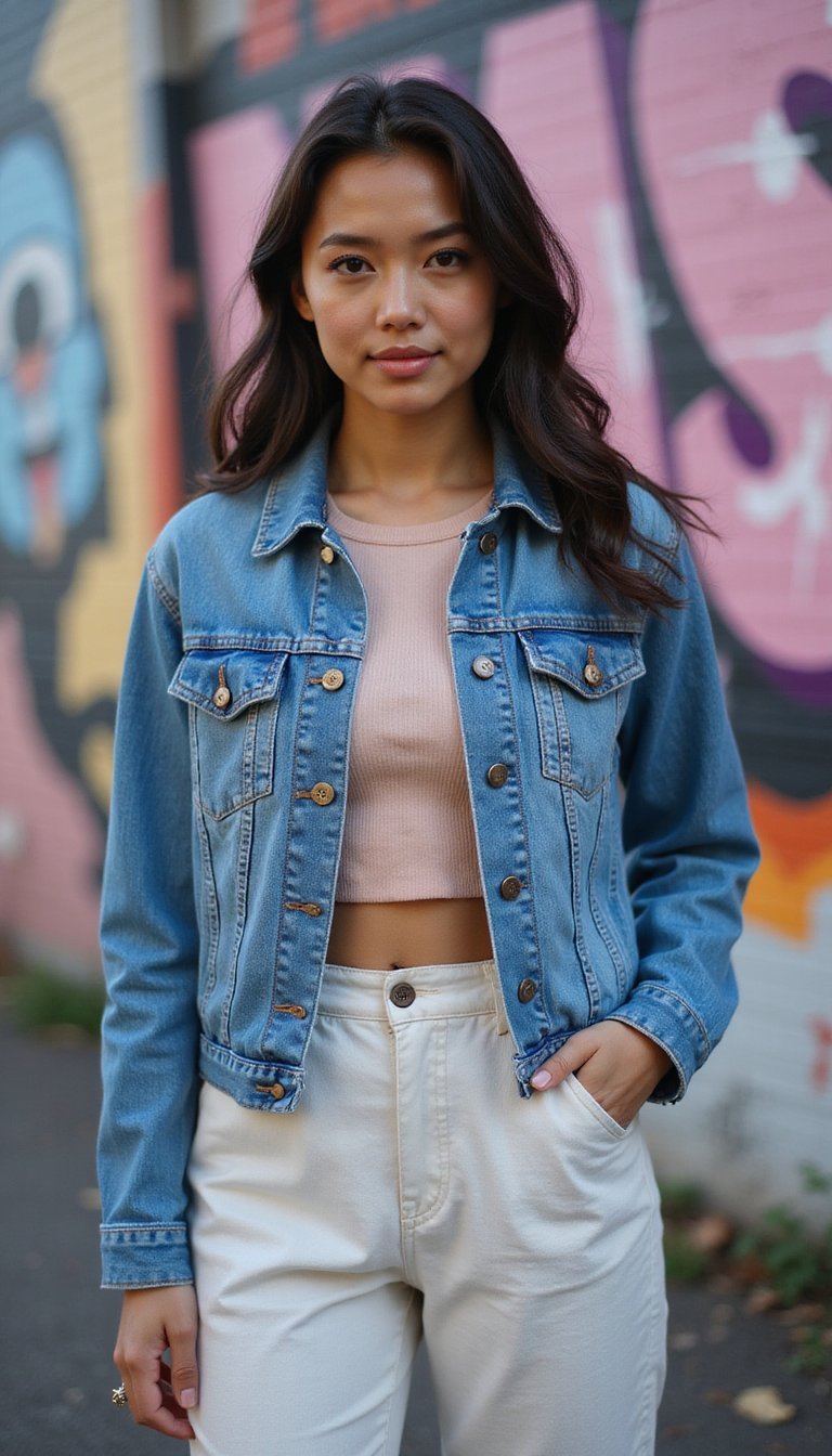 Conjunto Coordenado Com Jaqueta Jeans e Blusa Cropped