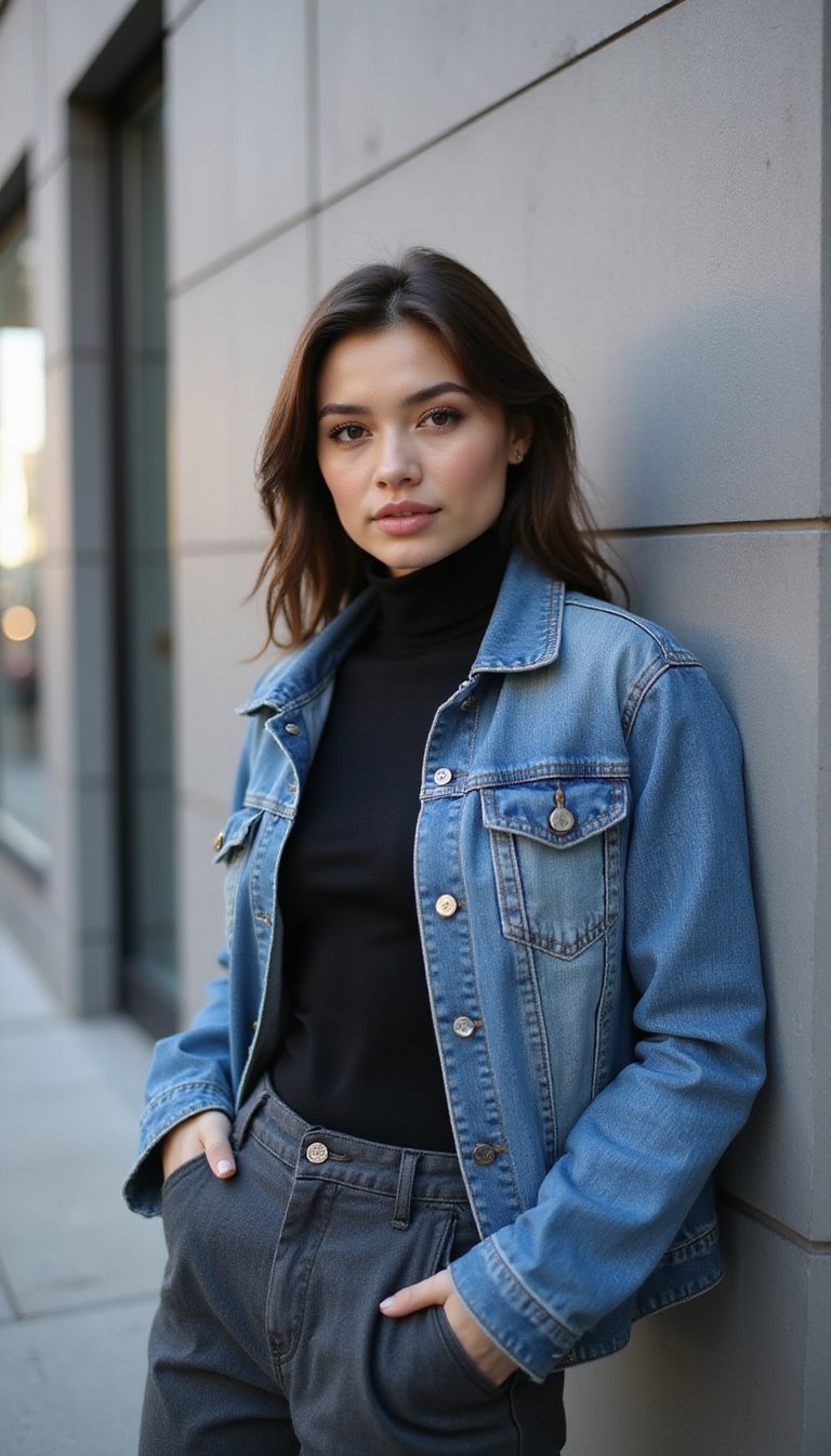 Jaqueta Jeans Com Blusa De Gola Alta Minimalista