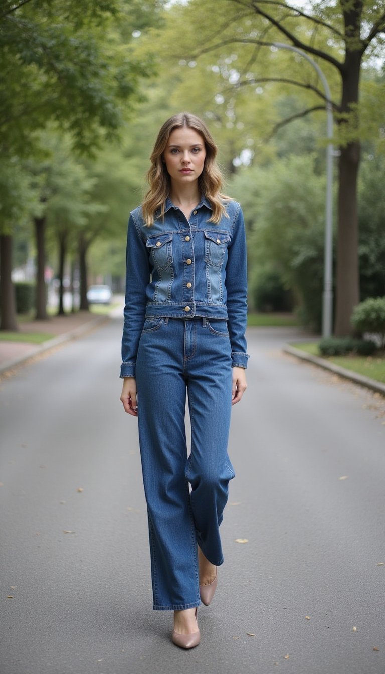 Jaqueta Jeans Com Calça Flare Para Silhueta Alongada