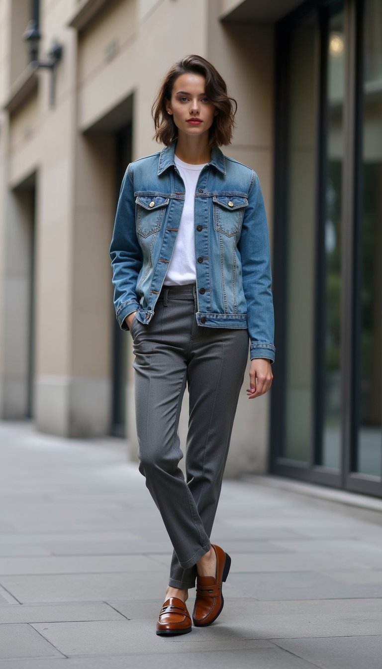 Jaqueta Jeans Com Tailored Trousers Elegante