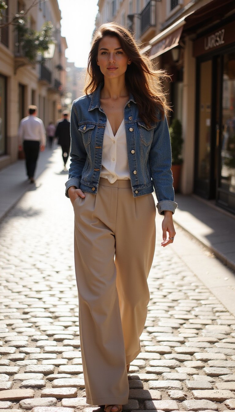 Jaqueta Jeans E Calça Pantalona Em Contraste