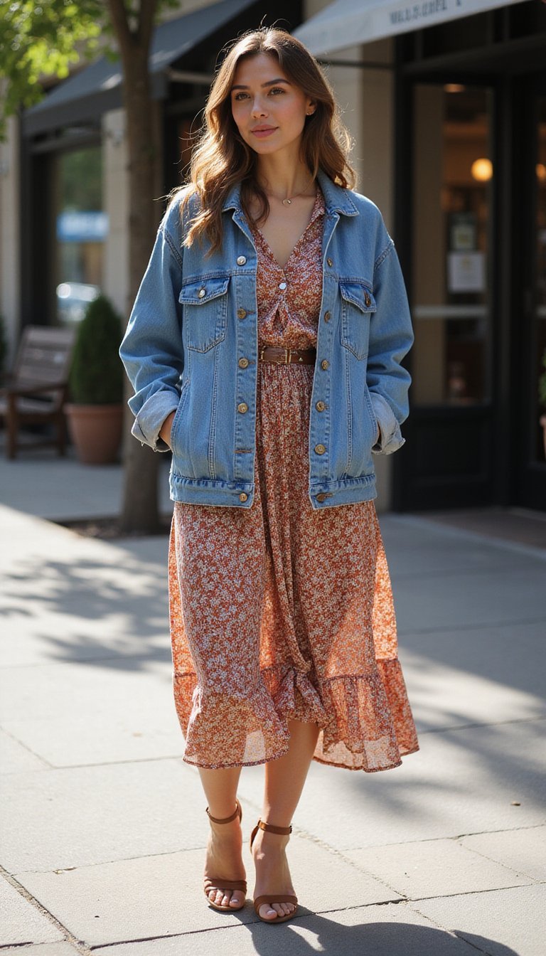 Jaqueta Jeans Sobre Vestido Midi Floral