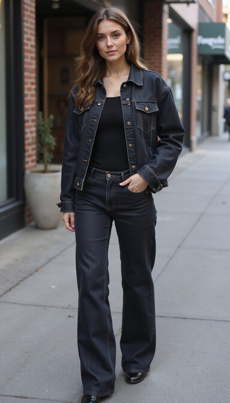 Look Monocromático Com Jaqueta Jeans Escura