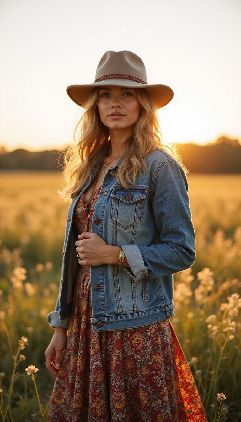 Visual Boho Com Jaqueta Jeans E Saia Longa Estampada