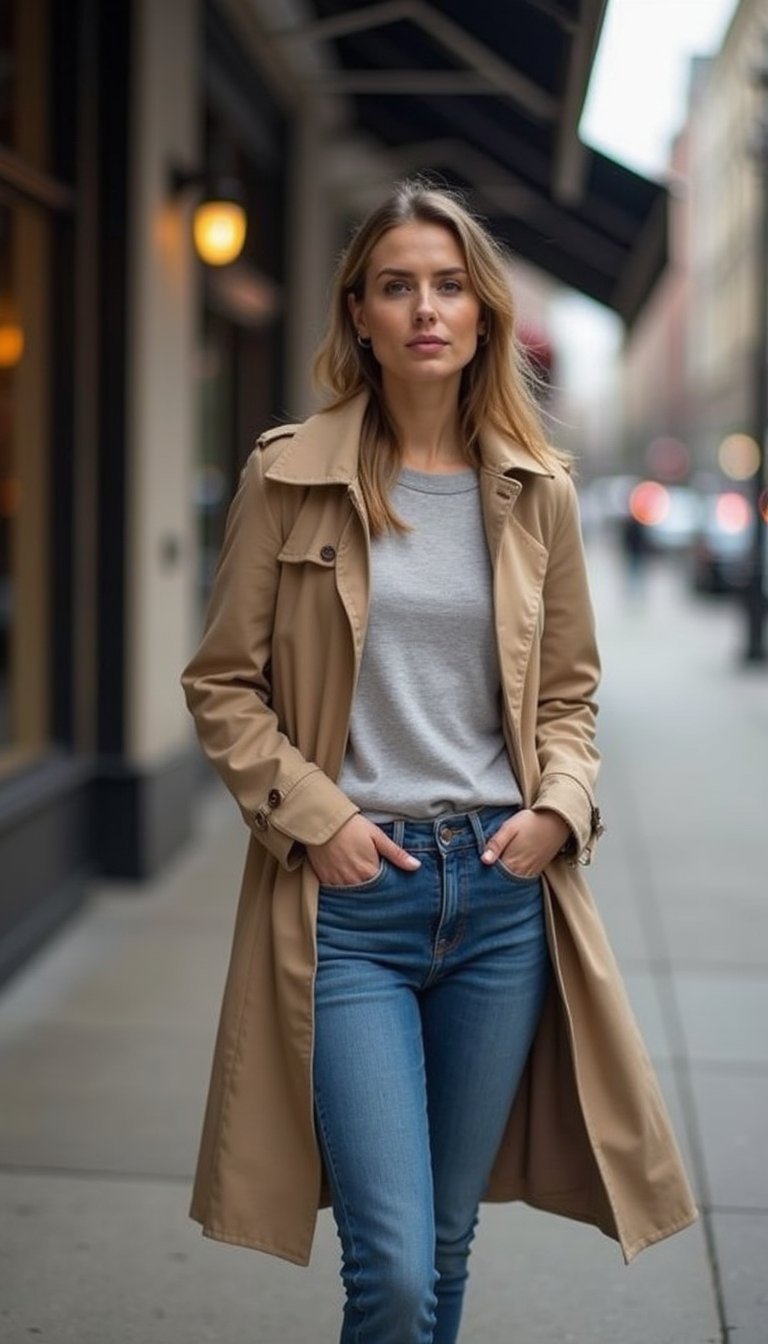 Jeans Cigarrete E Trench Coat Atemporal Urbano