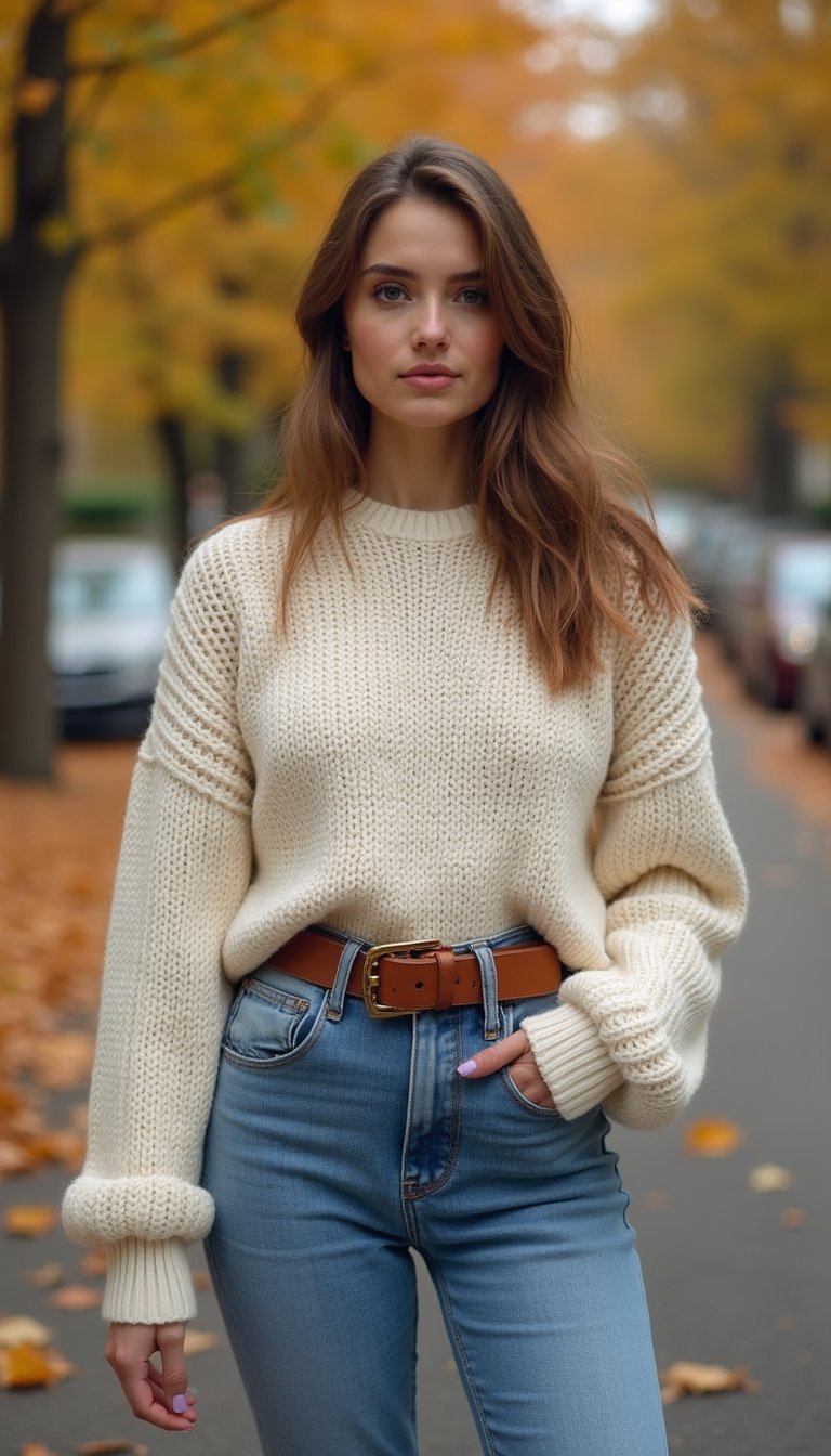 Jeans Combinando Com Tricot Oversized E Cinto