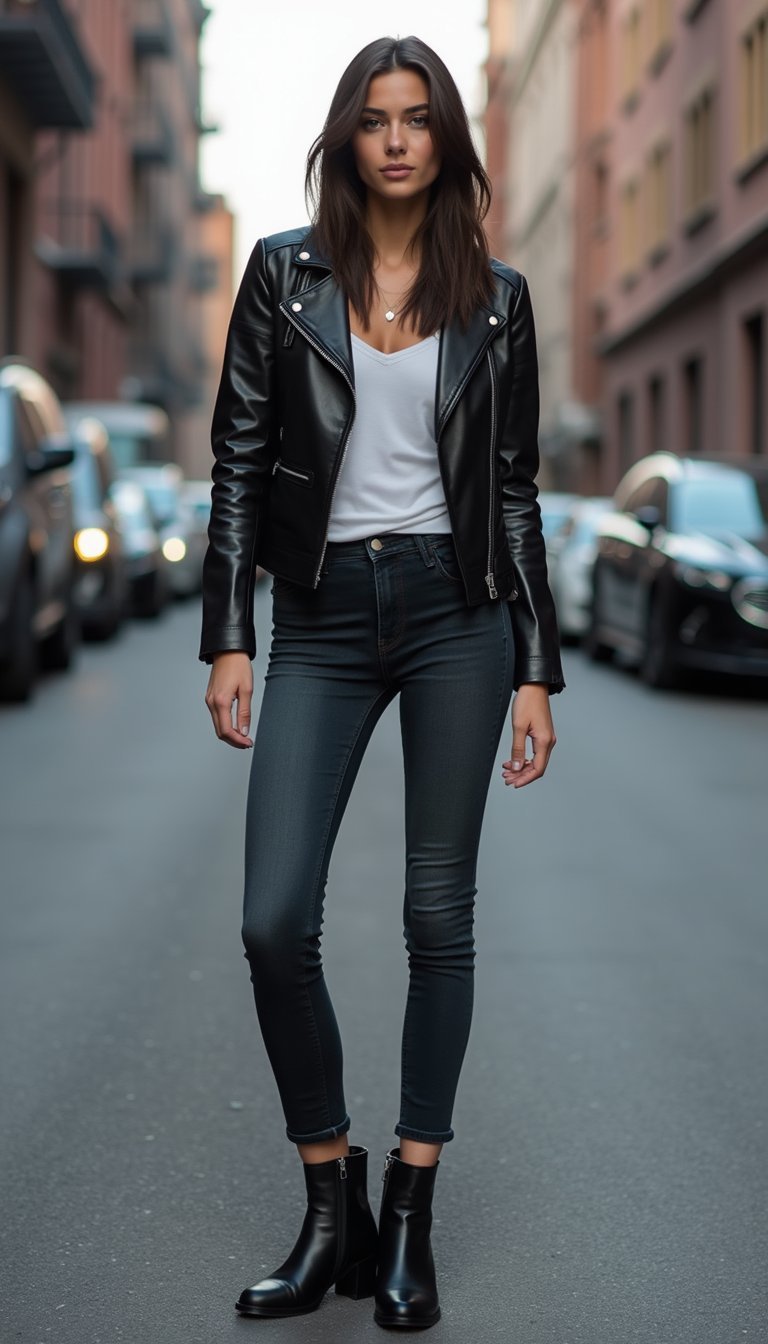 Jeans Esculpido Com Jaqueta De Couro Minimal Urbana