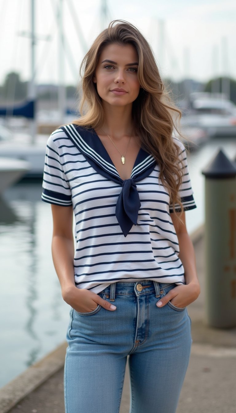 Jeans Medium Wash Com Camisa Listrada Marinheira