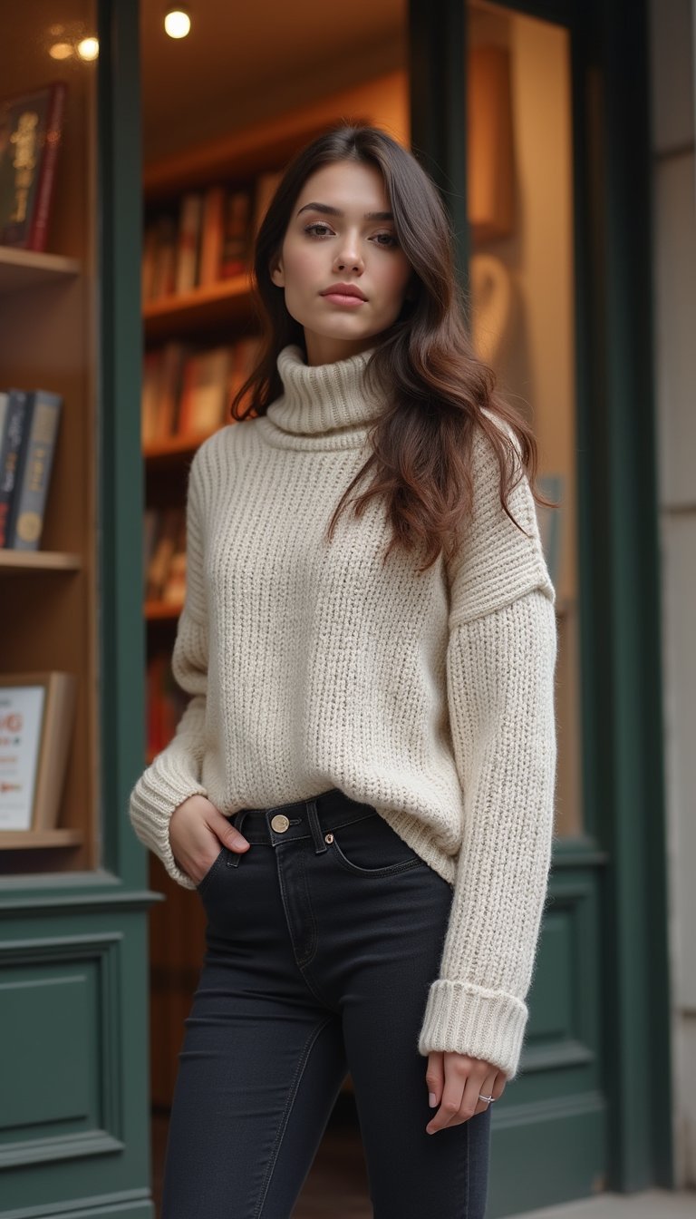 Jeans Reto Escuro Com Suéter de Gola Alta