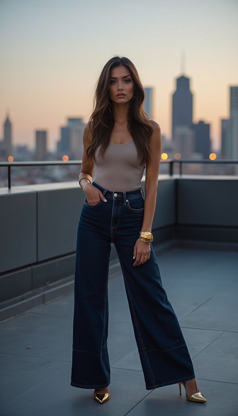 Look Elegante: Wide Leg Jeans e Acessórios Dourados