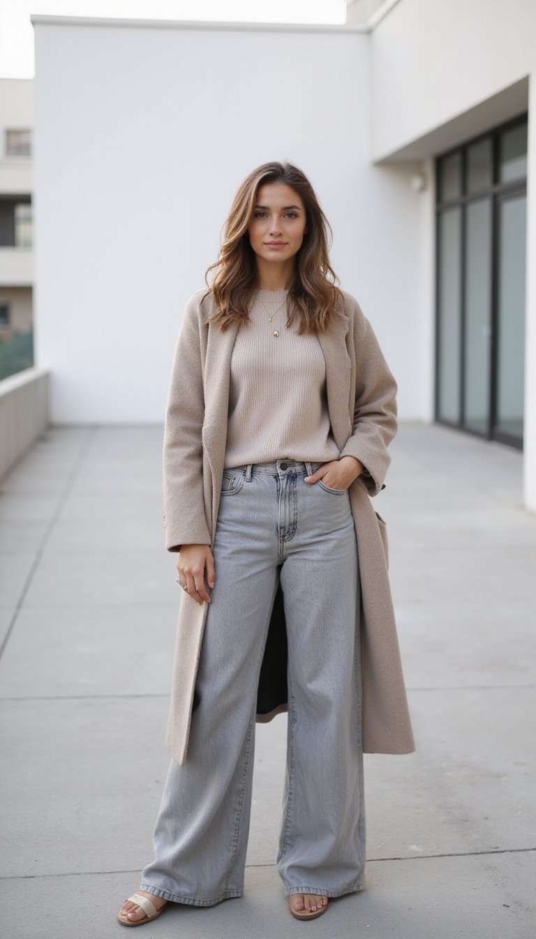 Look Monocromático Neutro com Wide Leg