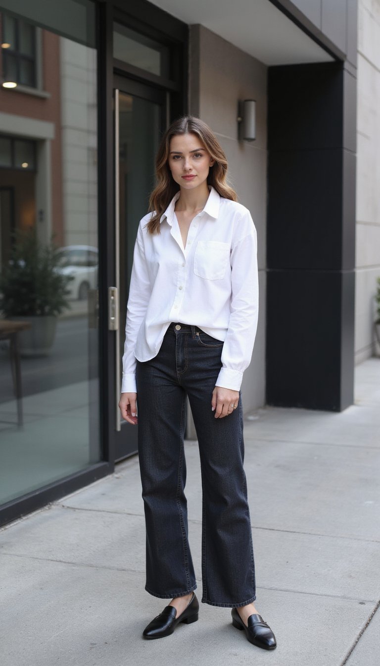 Look Office: Wide Leg Jeans e Camisa Branca