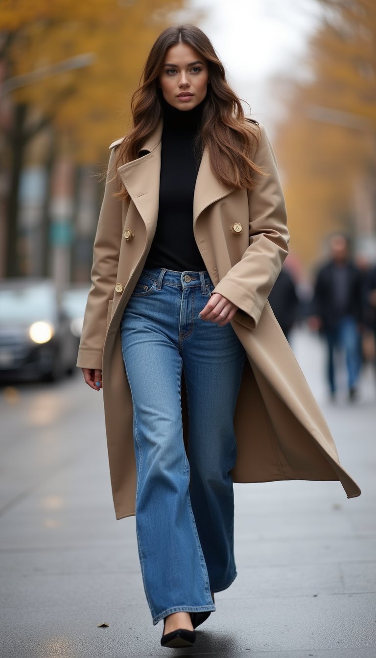 Wide Leg Jeans com Trench Coat e Saltos