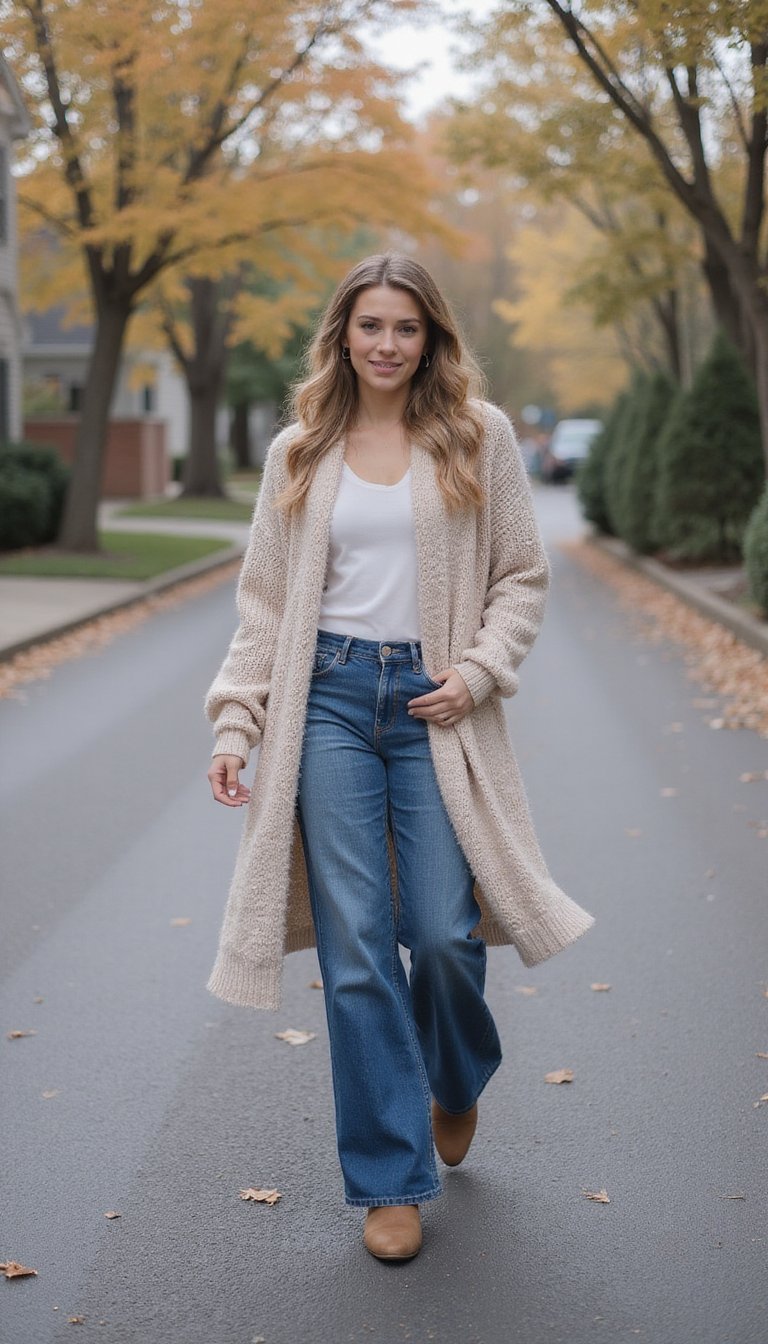 Wide Leg Jeans e Cardigan Alongado para Camadas