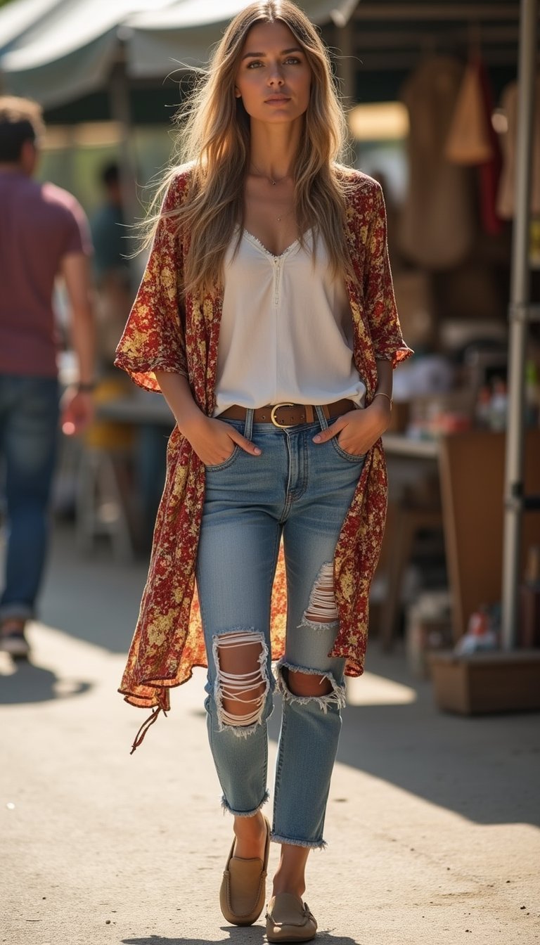 Look Boho Com Kimono Jeans Rasgado E Loafers