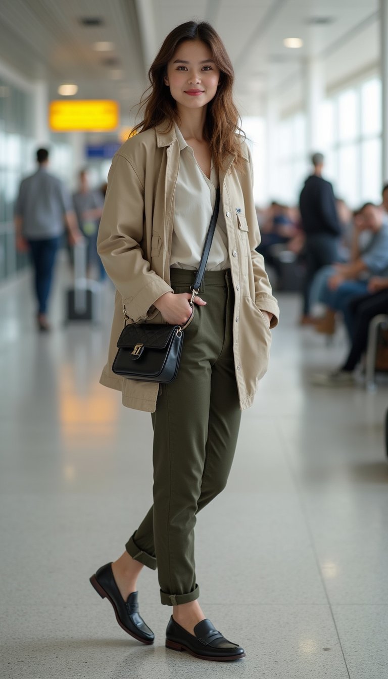 Roupa De Viagem Com Camadas Leves E Loafers