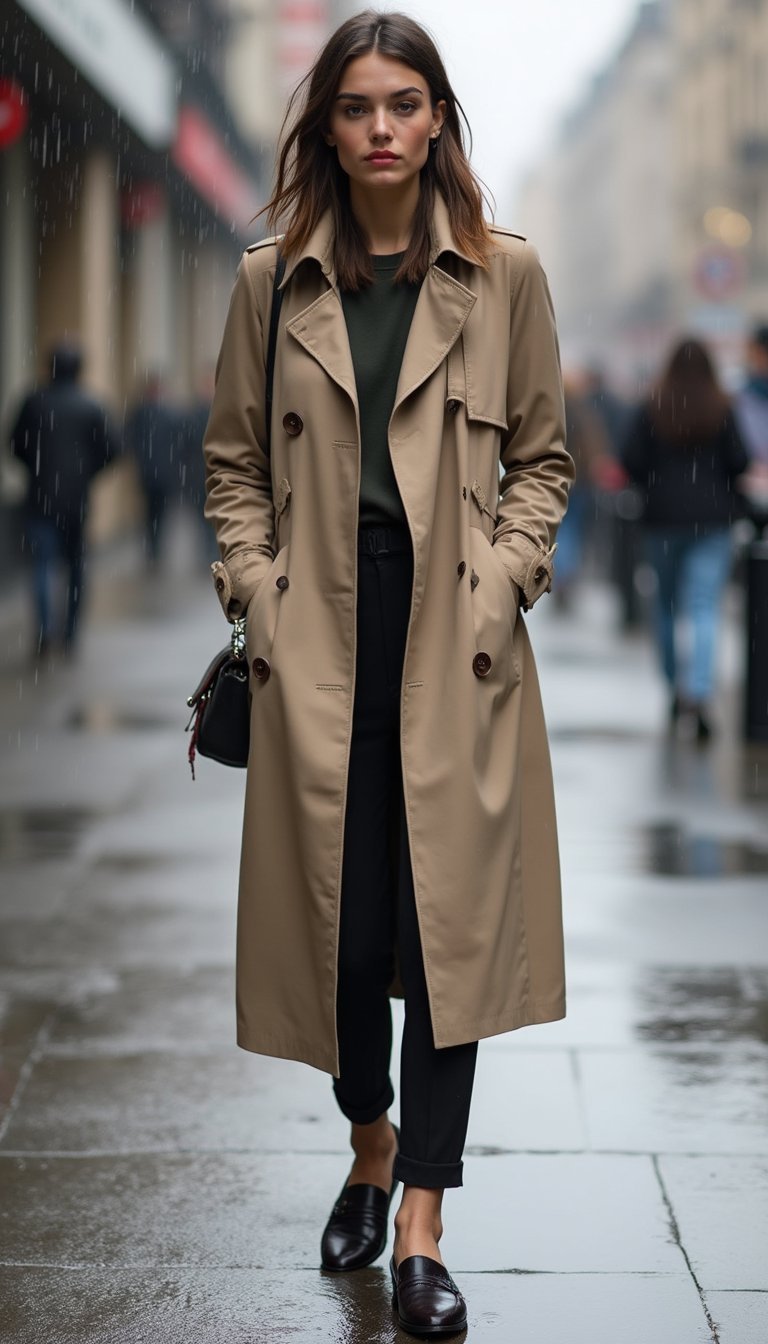Trench Coat Leve E Loafers Para Chuva Sutil