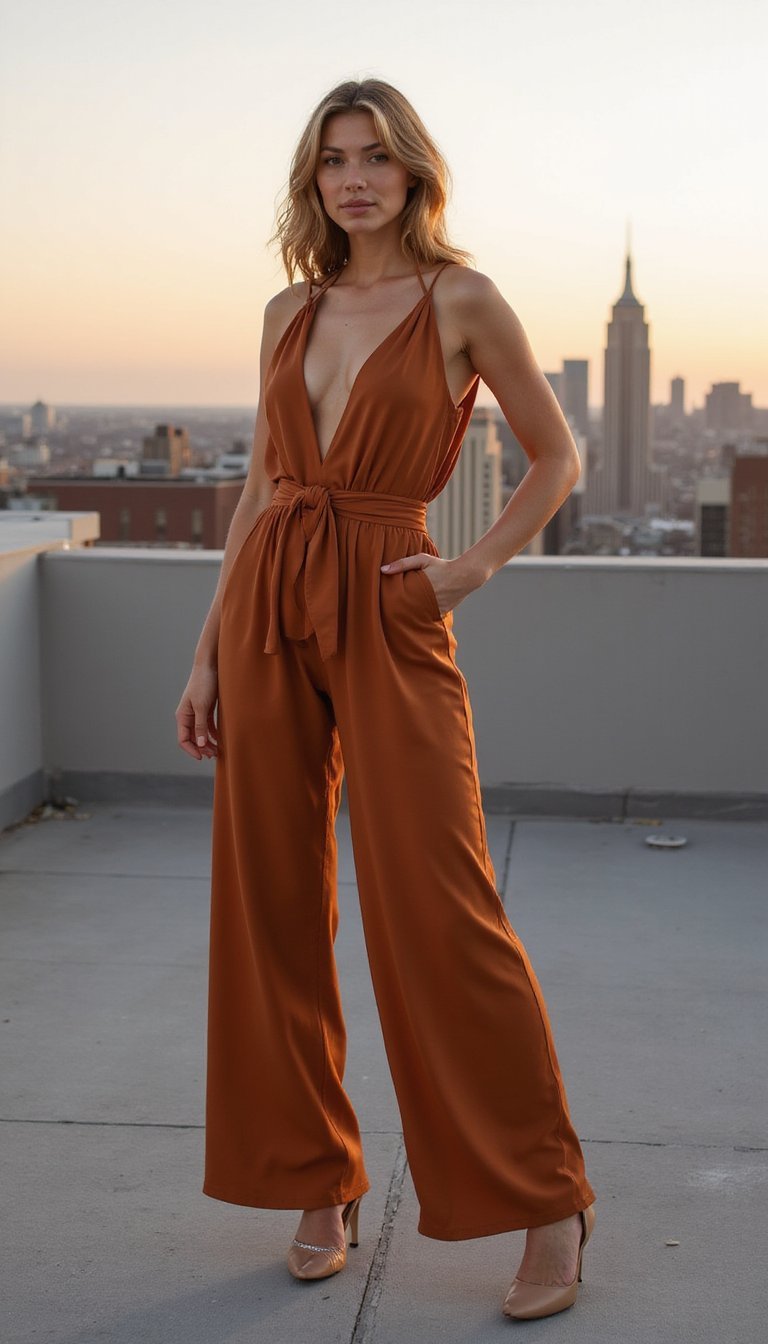 Macacão Longo Pantalona Com Decote V Profundo