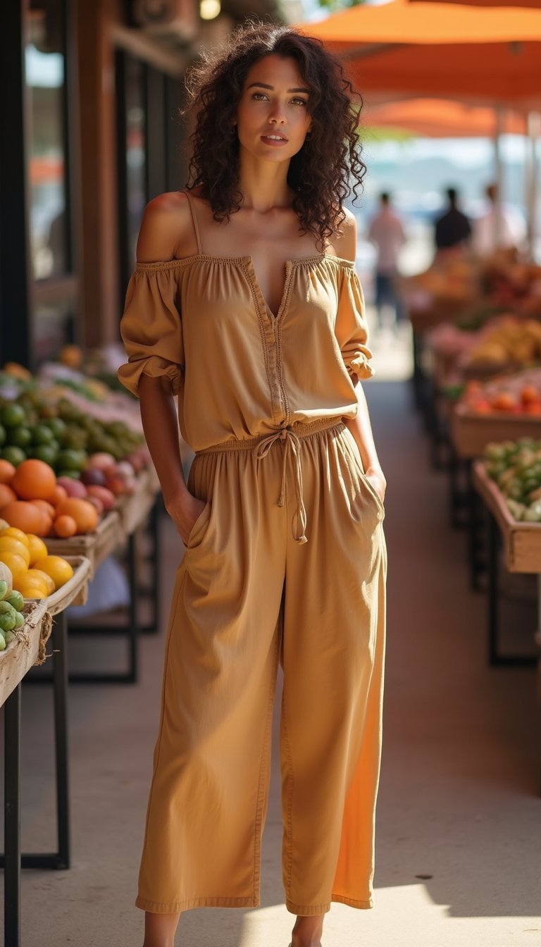 Macacão Off Shoulder Em Tonalidade Terrosa Boho Chic