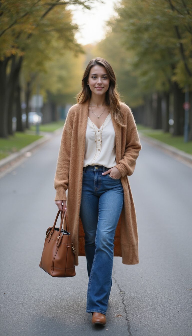 Mom Jeans Com Cardigan Longo E Bolsa Estruturada