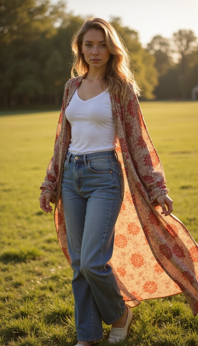 Mom Jeans Com Kimono Estampado Boho Chic