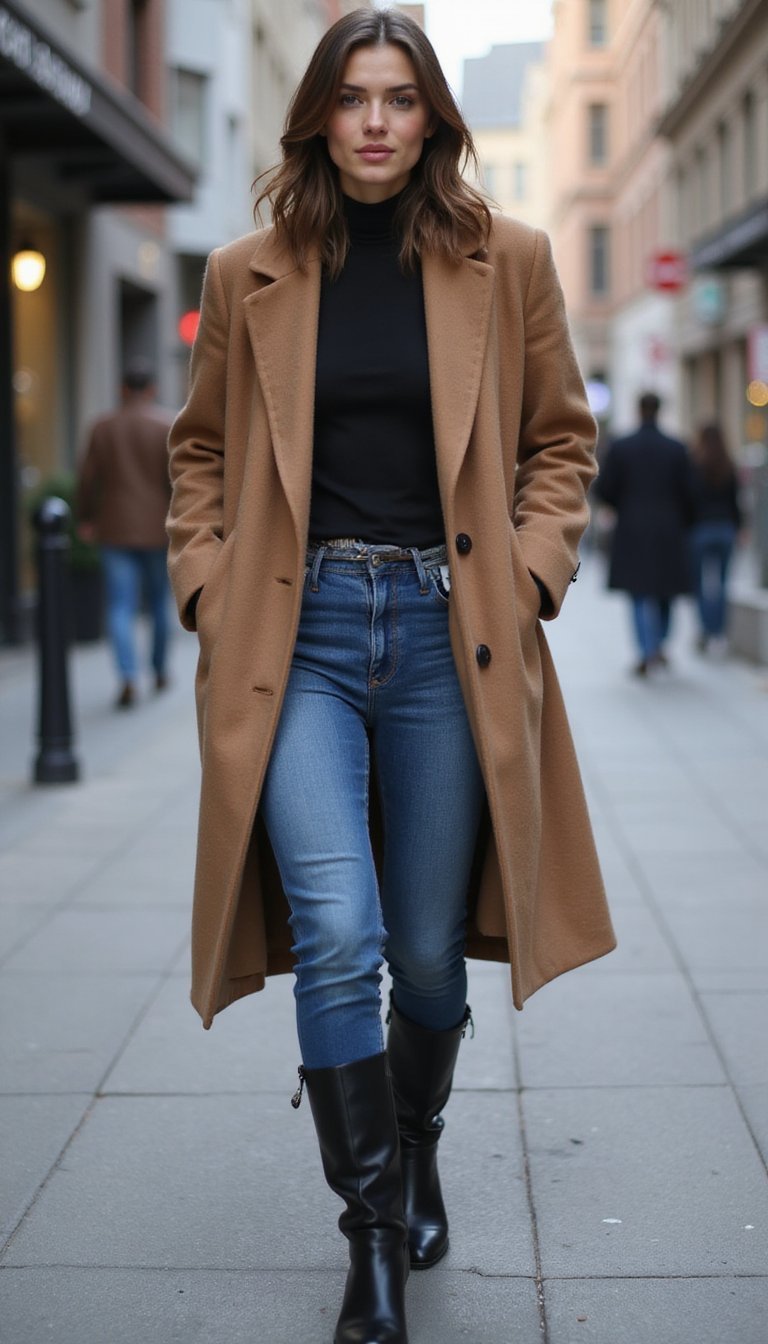 Mom Jeans Com Sobretudo Longo E Botas De Cano Alto