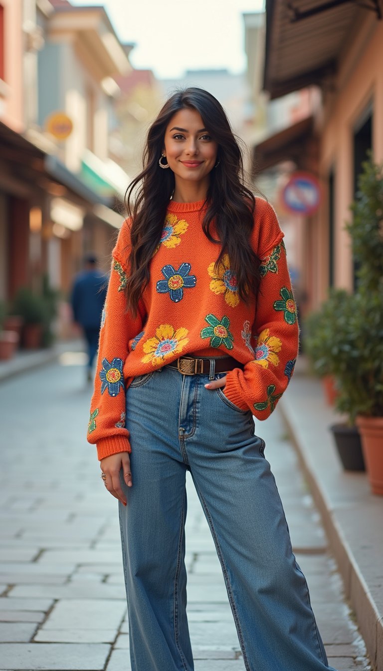 Mom Jeans Com Suéter Colorido E Acessórios Divertidos