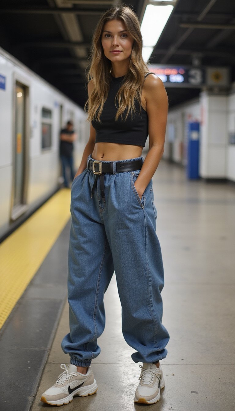 Mom Jeans Jogger Estilizados Com Cinto E Tênis