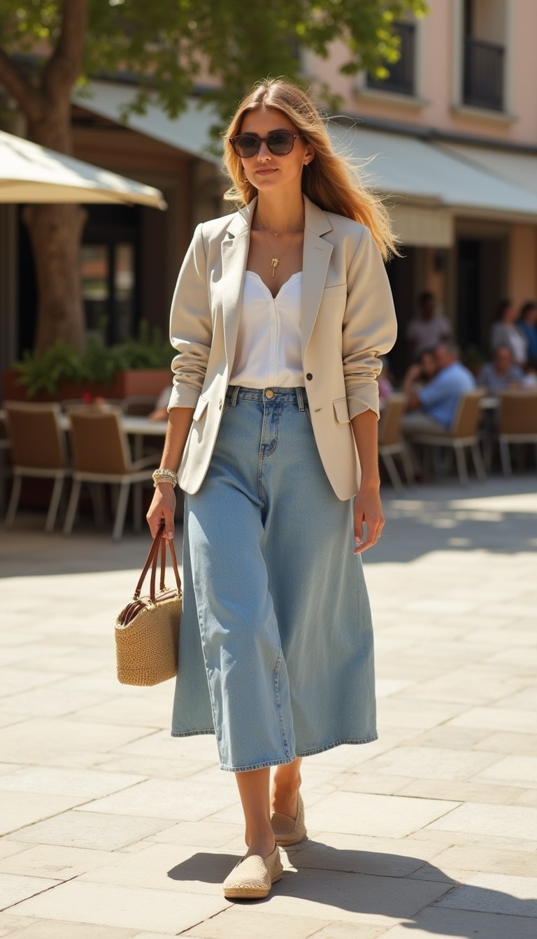 Saia Jeans Longa Com Blazer De Linho E Alpargatas