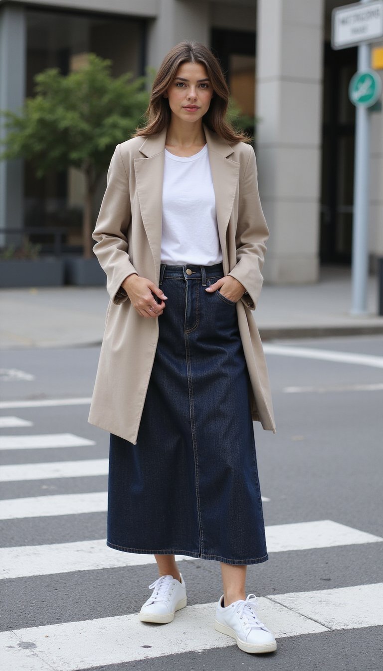 Saia Jeans Longa Com Blazer Oversized E Tênis