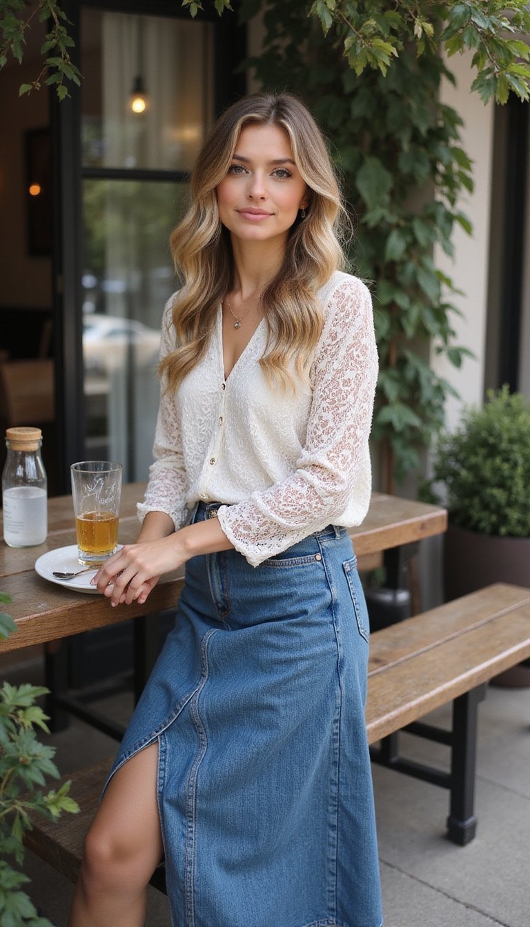 Saia Jeans Longa Com Blusa De Renda Delicada