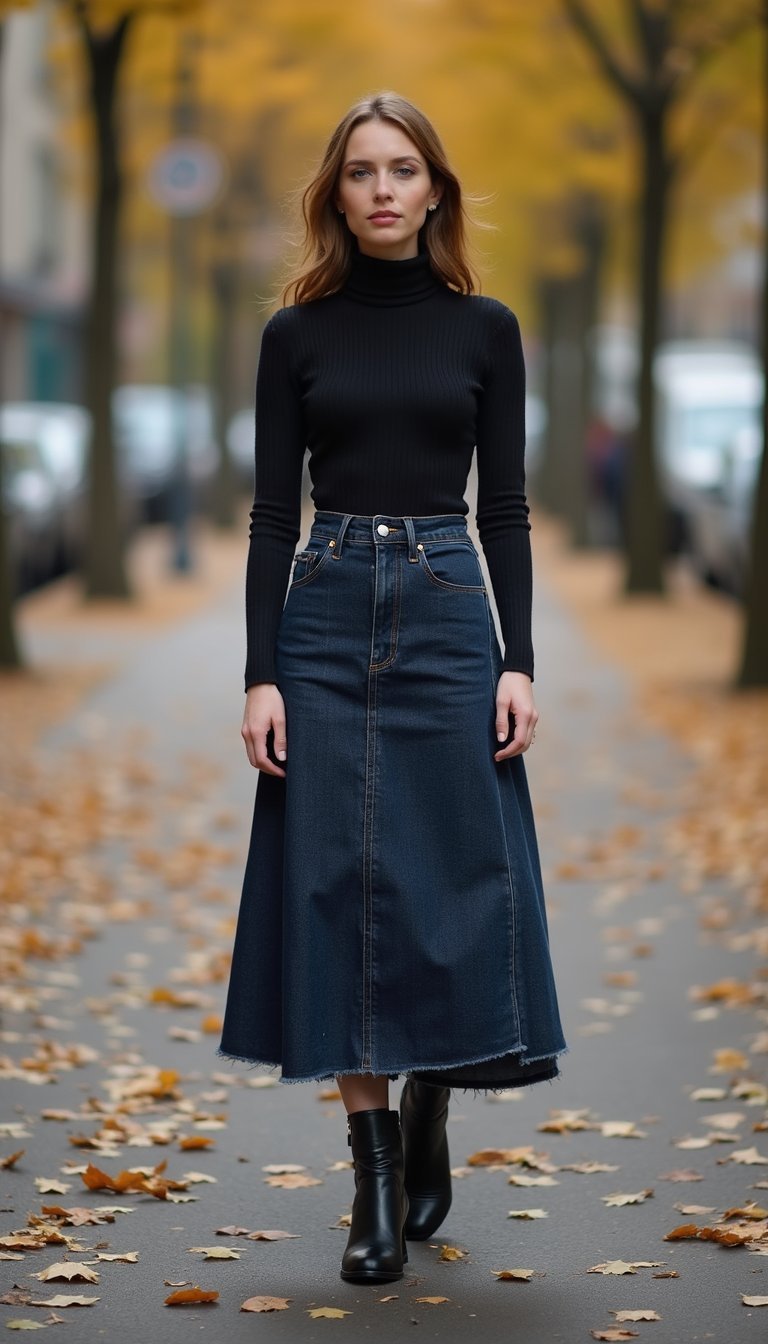 Saia Jeans Longa Com Blusa Gola Alta E Botas