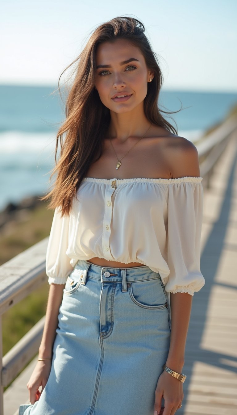 Saia Jeans Longa Com Blusa Ombro A Ombro Romântica