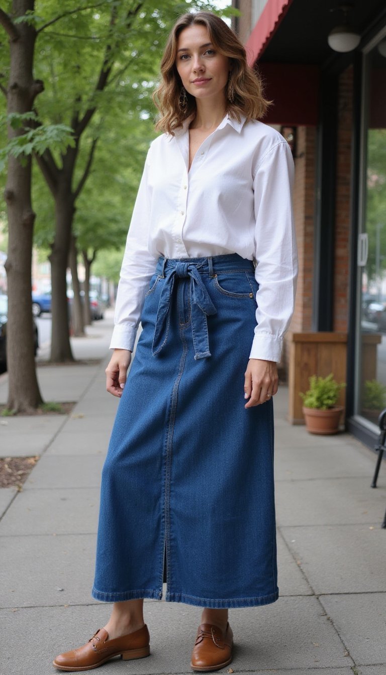 Saia Jeans Longa Com Camisa Branca Amarrada