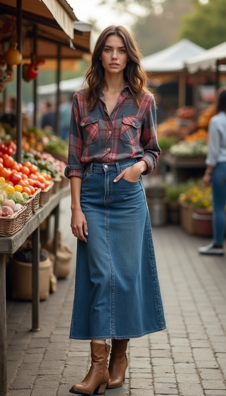 Saia Jeans Longa Com Camisa Xadrez E Botinhas