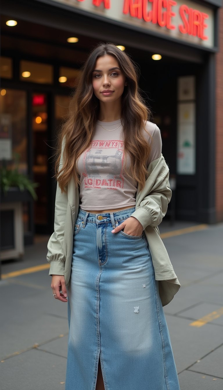 Saia Jeans Longa Com Camiseta Gráfica E Jaqueta