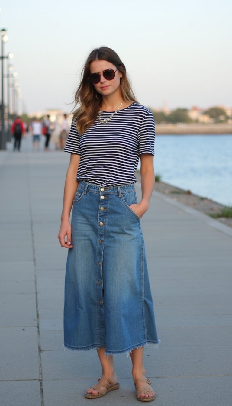 Saia Jeans Longa Com Camiseta Listrada Marítima