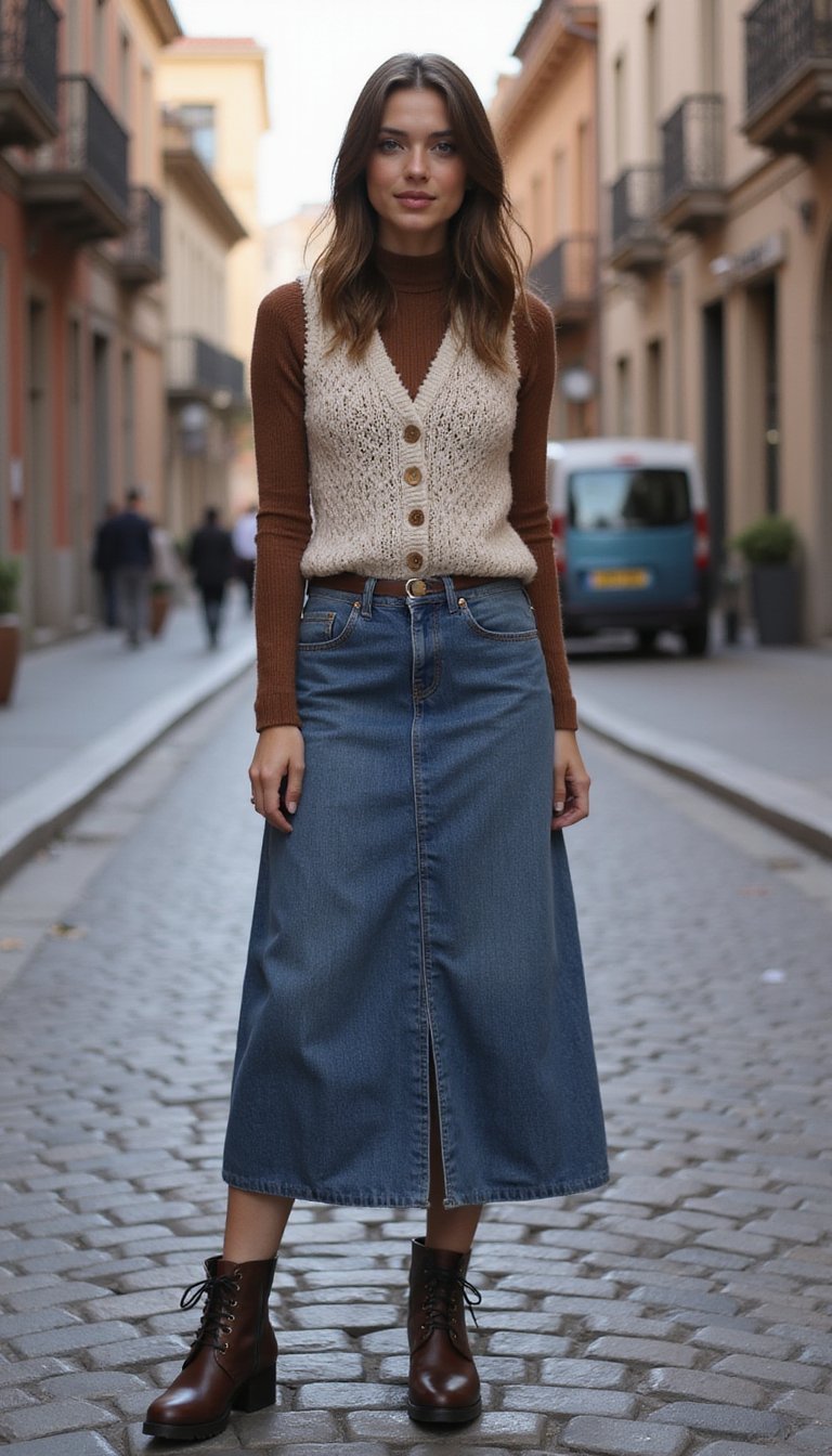 Saia Jeans Longa Com Colete De Tricô E Botas