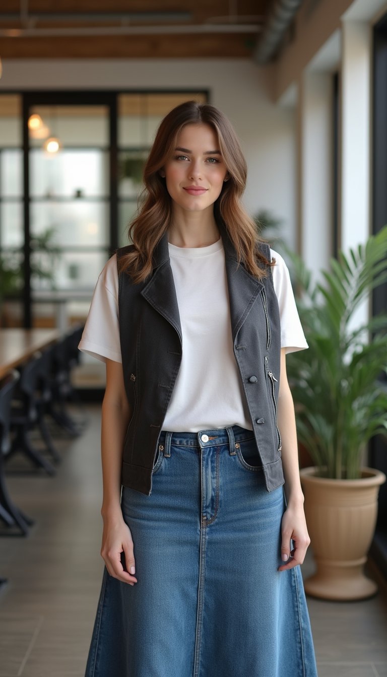 Saia Jeans Longa Com Colete E Camiseta Básica