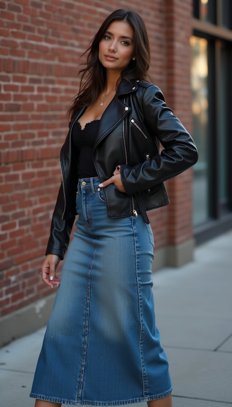 Saia Jeans Longa Com Jaqueta De Couro Preta