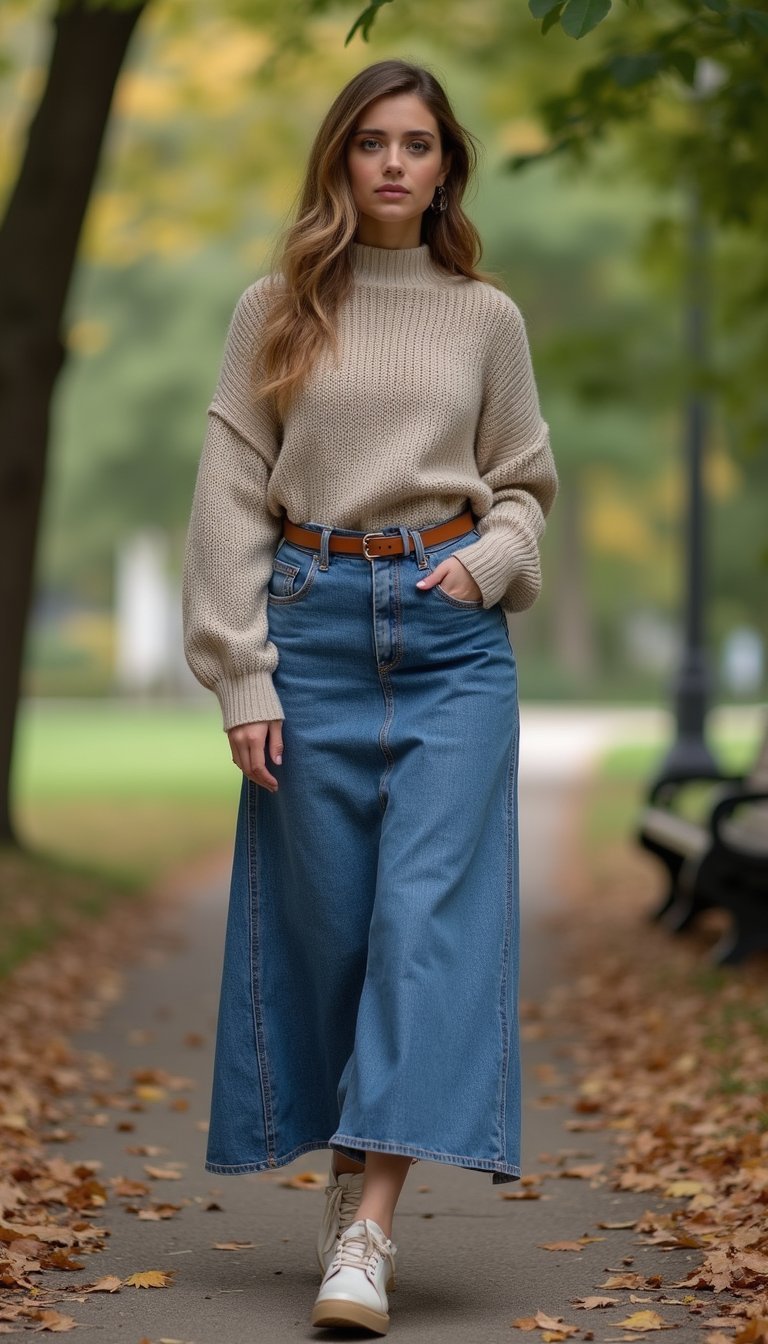 Saia Jeans Longa Com Suéter Oversized E Cinto