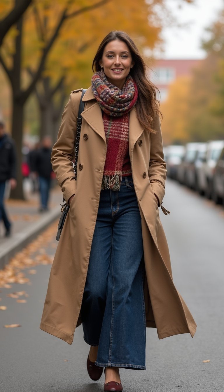 Saia Jeans Longa Com Trench Coat Leve E Lenço