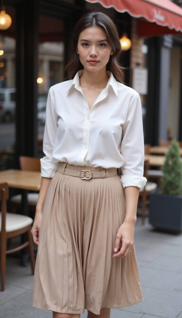 Saia Midi Plissada Com Blusa De Seda