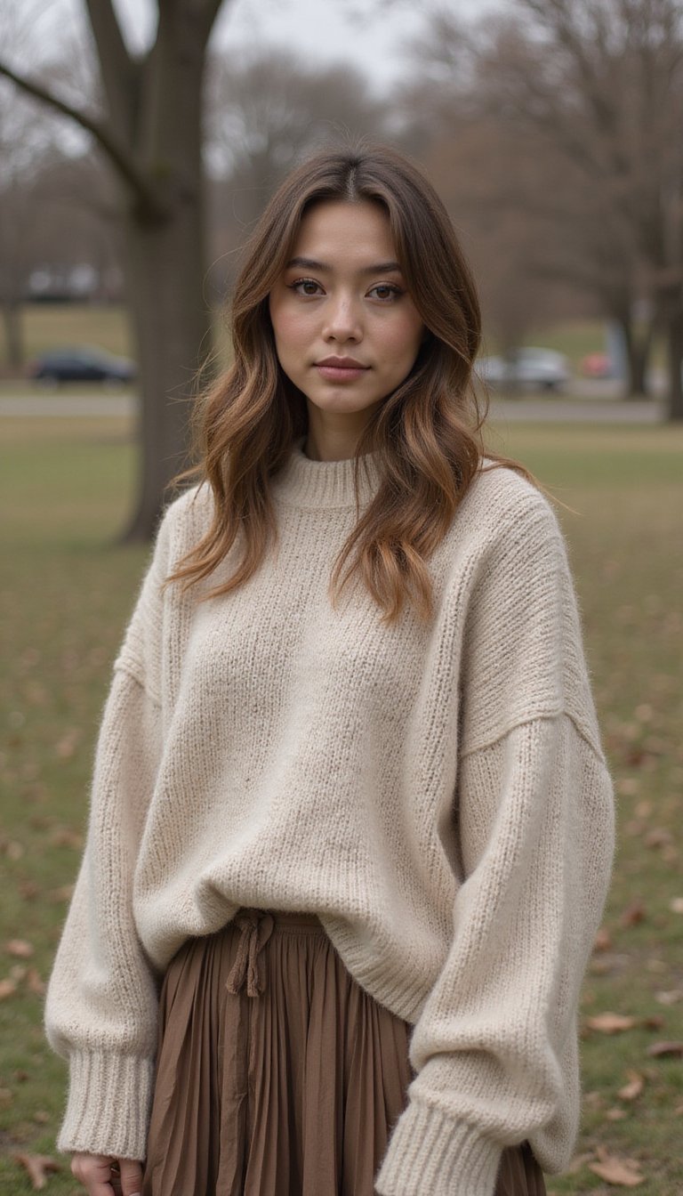 Saia Midi Plissada Com Suéter Oversized Confortável