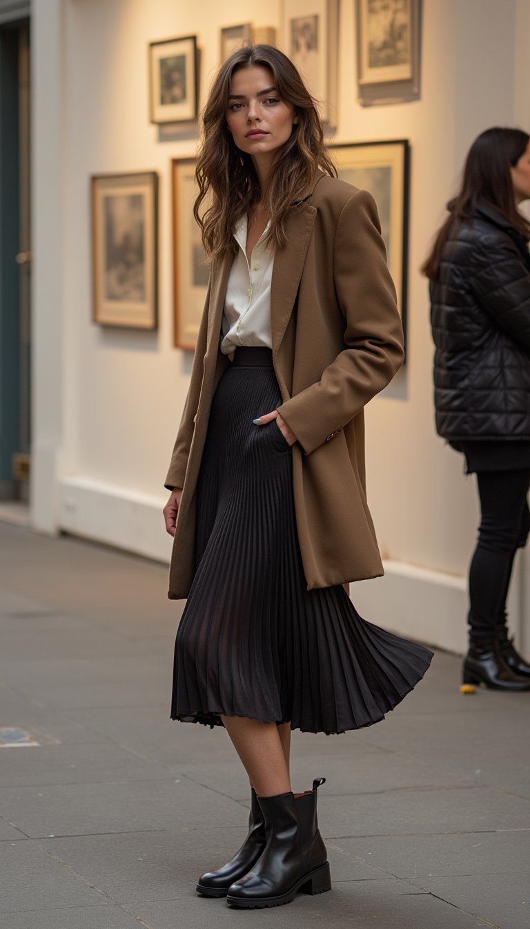 Saia Plissada Com Blazer Oversized E Botas