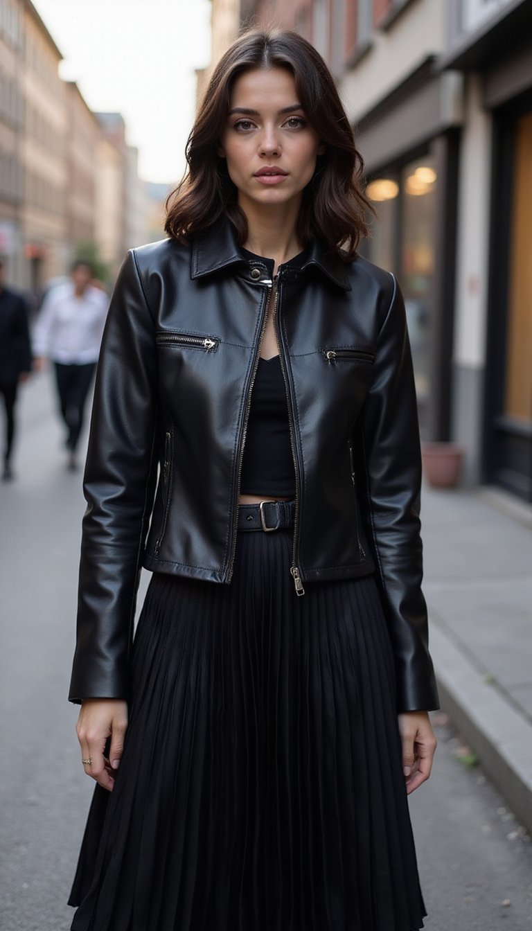 Saia Plissada Com Jaqueta De Couro Para Rock