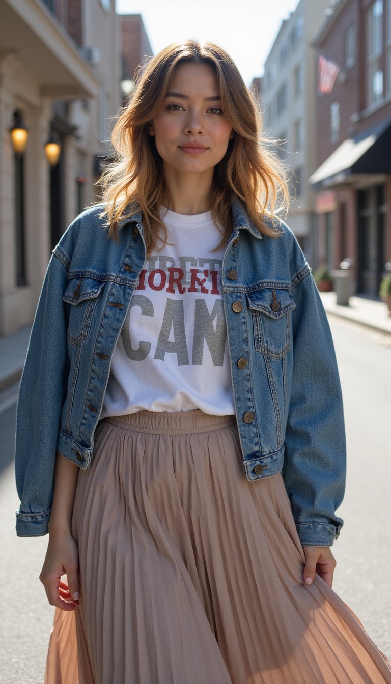 Saia Plissada Com Jaqueta Jeans Estilo Street