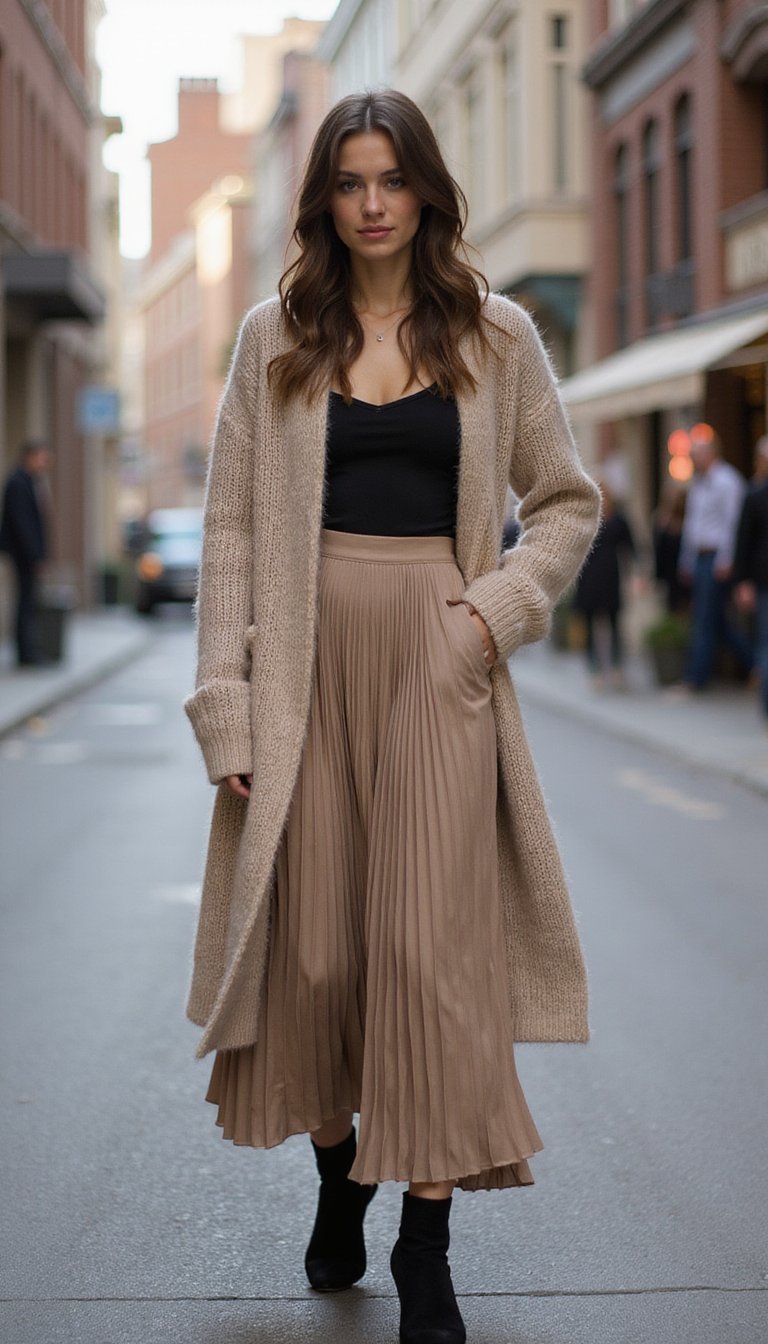 Saia Plissada Com Maxi Cardigã Para Camadas