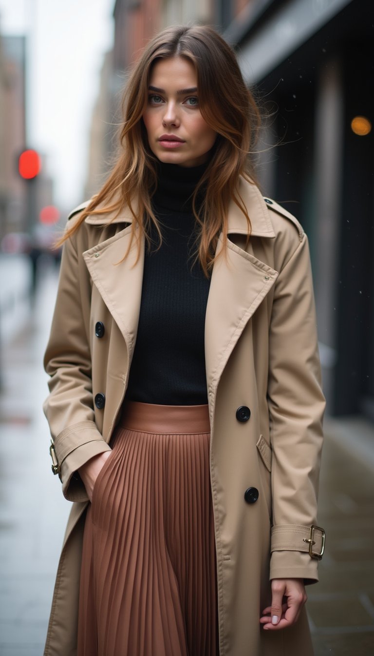 Saia Plissada Com Trench Coat Para Transição