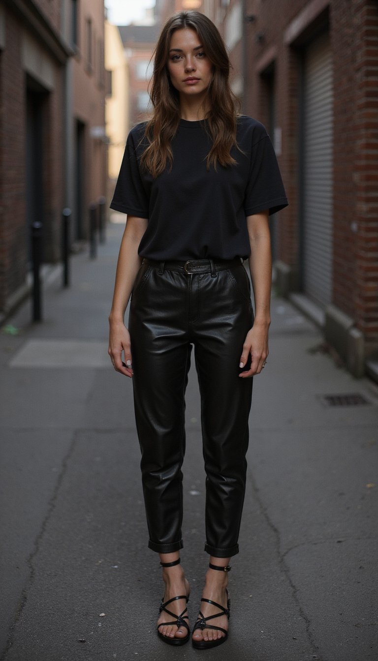 Calça Couro Fake E Sandália De Tiras Finas Rock Chic